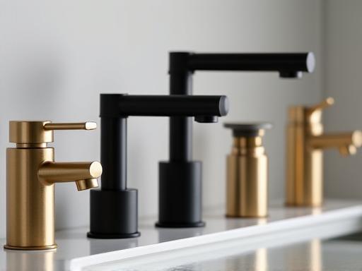 A collection of stylish matte black and brushed gold taps.